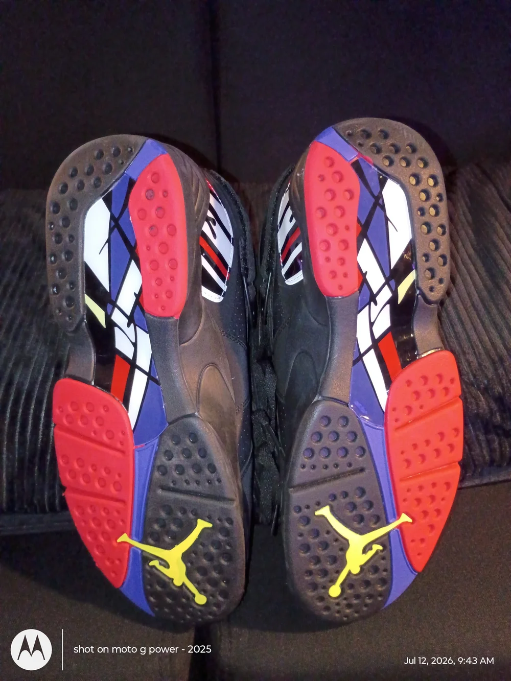 Black Nike Air Jordan 8s Athletic Shoes with Red And Blue Accent -